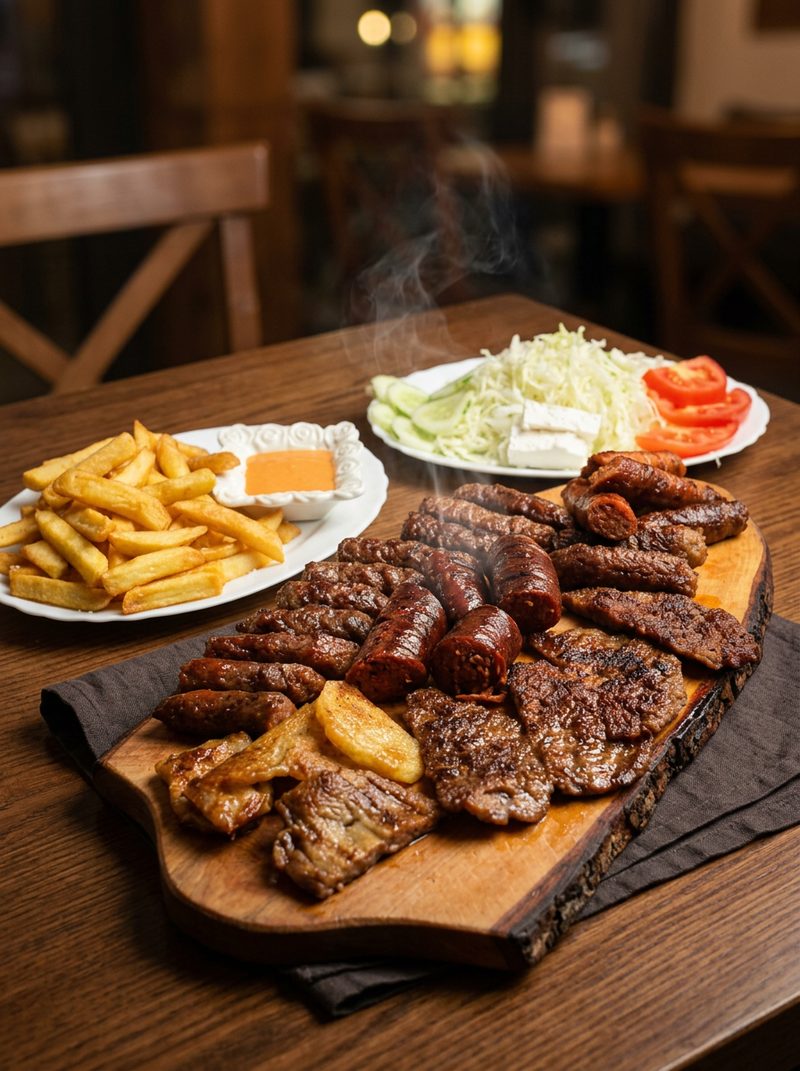 Piace druri me qebapa, mish të pjekur, patate të skuqura dhe sallatë